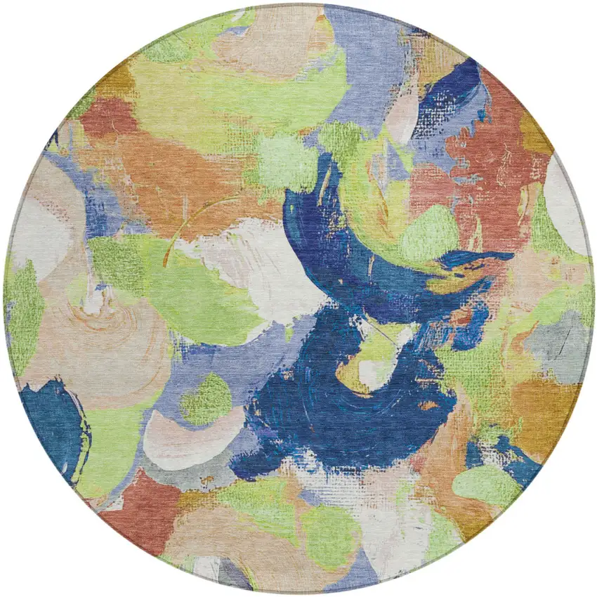 8' Artichoke Green Navy Blue And Coral Round Abstract Washable Indoor Outdoor Area Rug Photo 1