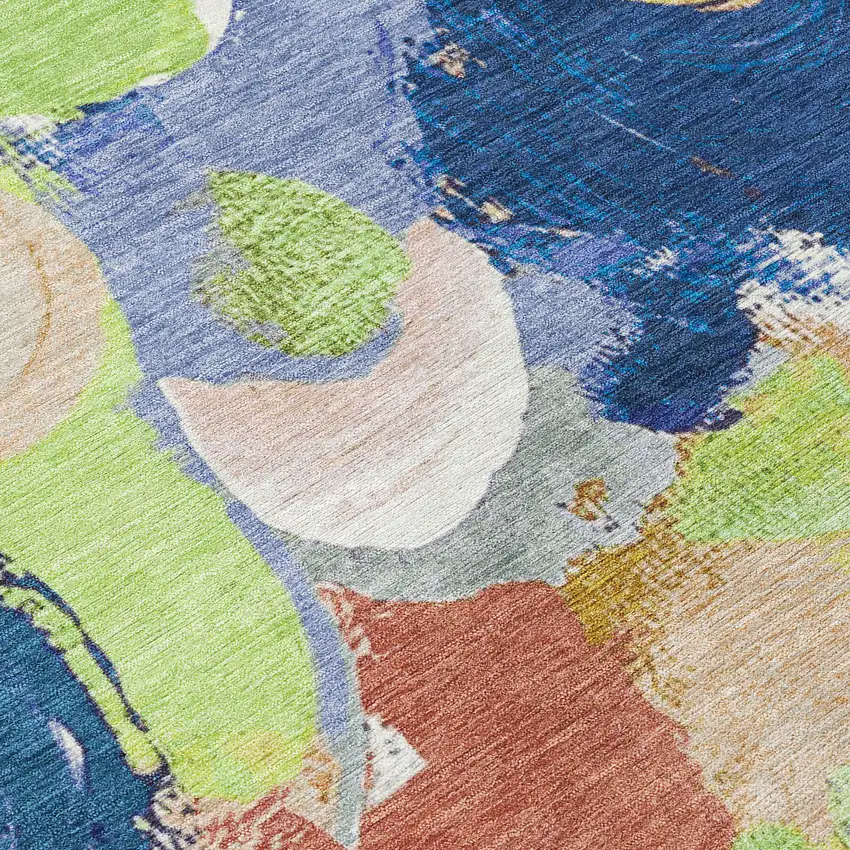 8' Artichoke Green Navy Blue And Coral Round Abstract Washable Indoor Outdoor Area Rug Photo 9