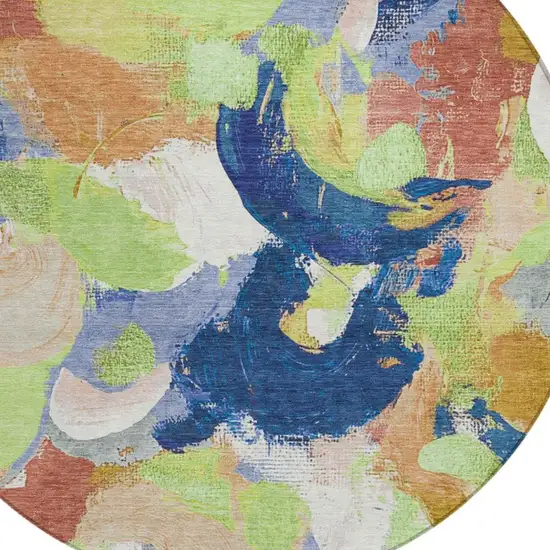 8' Artichoke Green Navy Blue And Coral Round Abstract Washable Indoor Outdoor Area Rug Photo 4