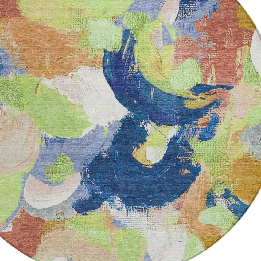 8' Artichoke Green Navy Blue And Coral Round Abstract Washable Indoor Outdoor Area Rug Photo 4