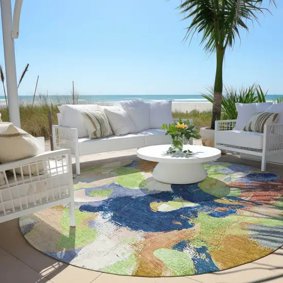 8' Artichoke Green Navy Blue And Coral Round Abstract Washable Indoor Outdoor Area Rug Photo 5