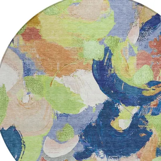 8' Artichoke Green Navy Blue And Coral Round Abstract Washable Indoor Outdoor Area Rug Photo 8