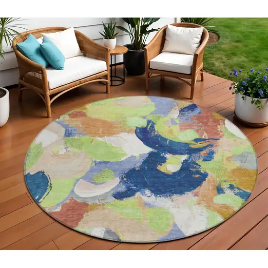 8' Artichoke Green Navy Blue And Coral Round Abstract Washable Indoor Outdoor Area Rug Photo 2