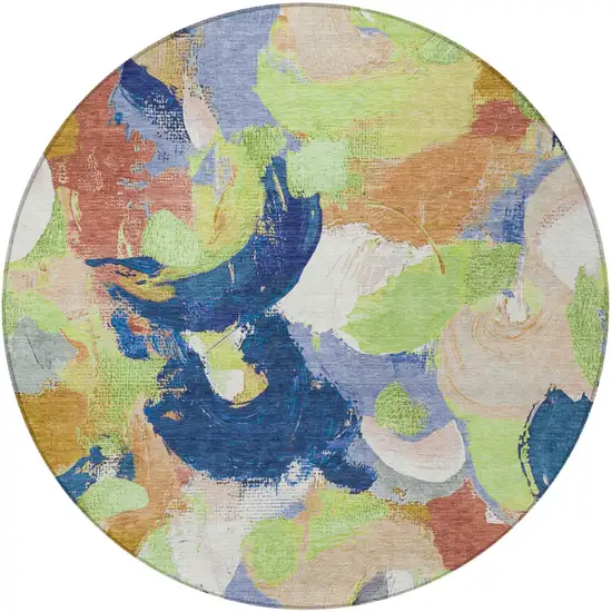 8' Artichoke Green Navy Blue And Coral Round Abstract Washable Indoor Outdoor Area Rug Photo 3