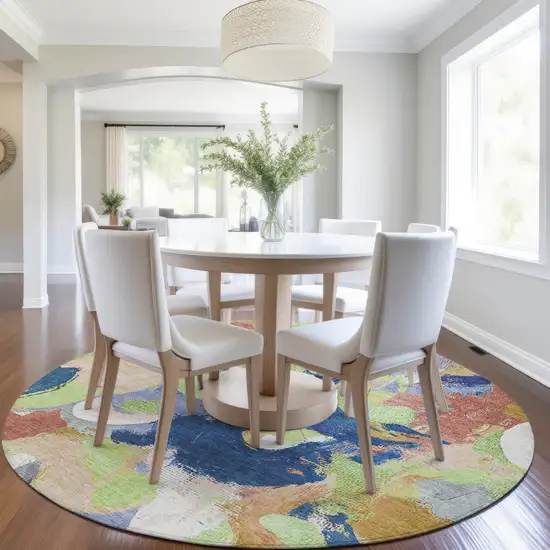8' Artichoke Green Navy Blue And Coral Round Abstract Washable Indoor Outdoor Area Rug Photo 6