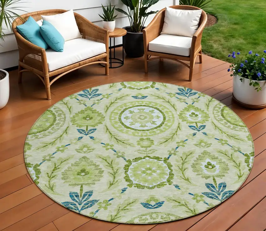 8' Artichoke Green Olive Green And Blue Round Floral Washable Indoor Outdoor Area Rug Photo 1