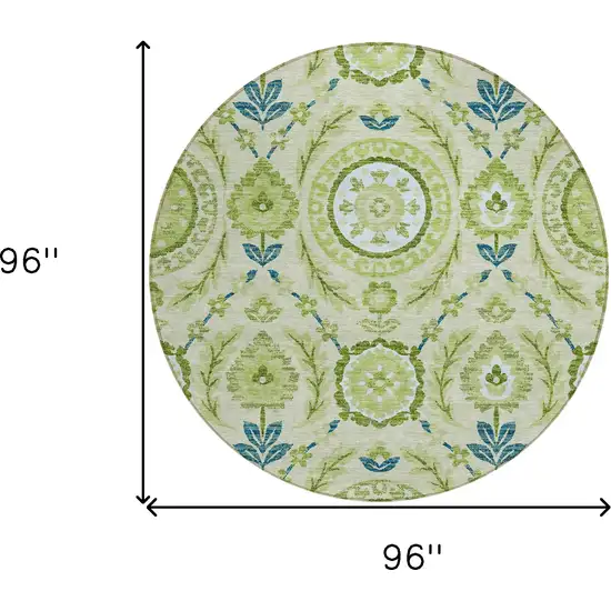 8' Artichoke Green Olive Green And Blue Round Floral Washable Indoor Outdoor Area Rug Photo 8