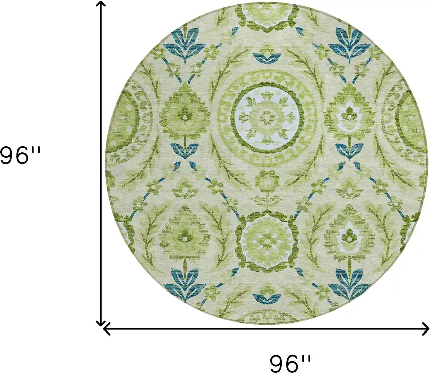 8' Artichoke Green Olive Green And Blue Round Floral Washable Indoor Outdoor Area Rug Photo 8
