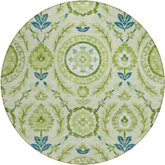 8' Artichoke Green Olive Green And Blue Round Floral Washable Indoor Outdoor Area Rug Photo 1