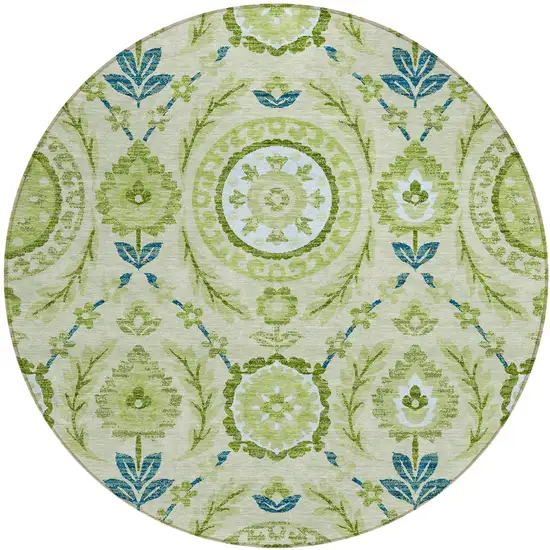 8' Artichoke Green Olive Green And Blue Round Floral Washable Indoor Outdoor Area Rug Photo 1