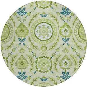 Photo of 8' Artichoke Green Olive Green And Blue Round Floral Washable Indoor Outdoor Area Rug