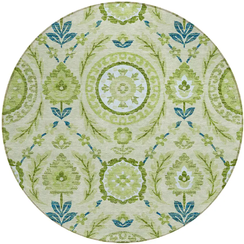 8' Artichoke Green Olive Green And Blue Round Floral Washable Indoor Outdoor Area Rug Photo 1