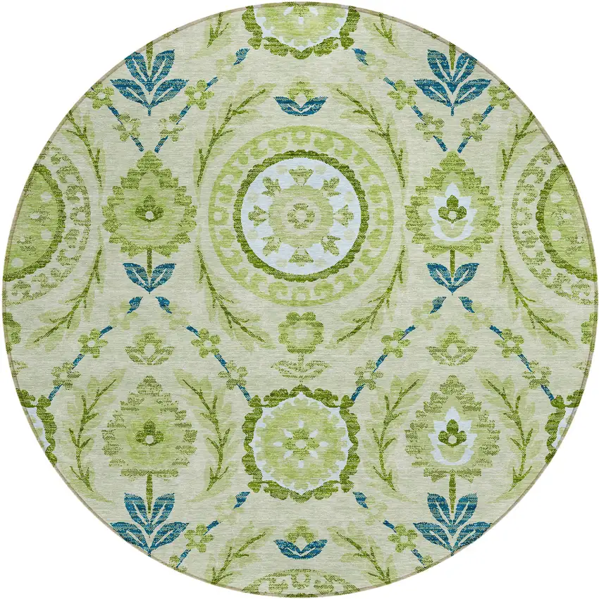 8' Artichoke Green Olive Green And Blue Round Floral Washable Indoor Outdoor Area Rug Photo 1