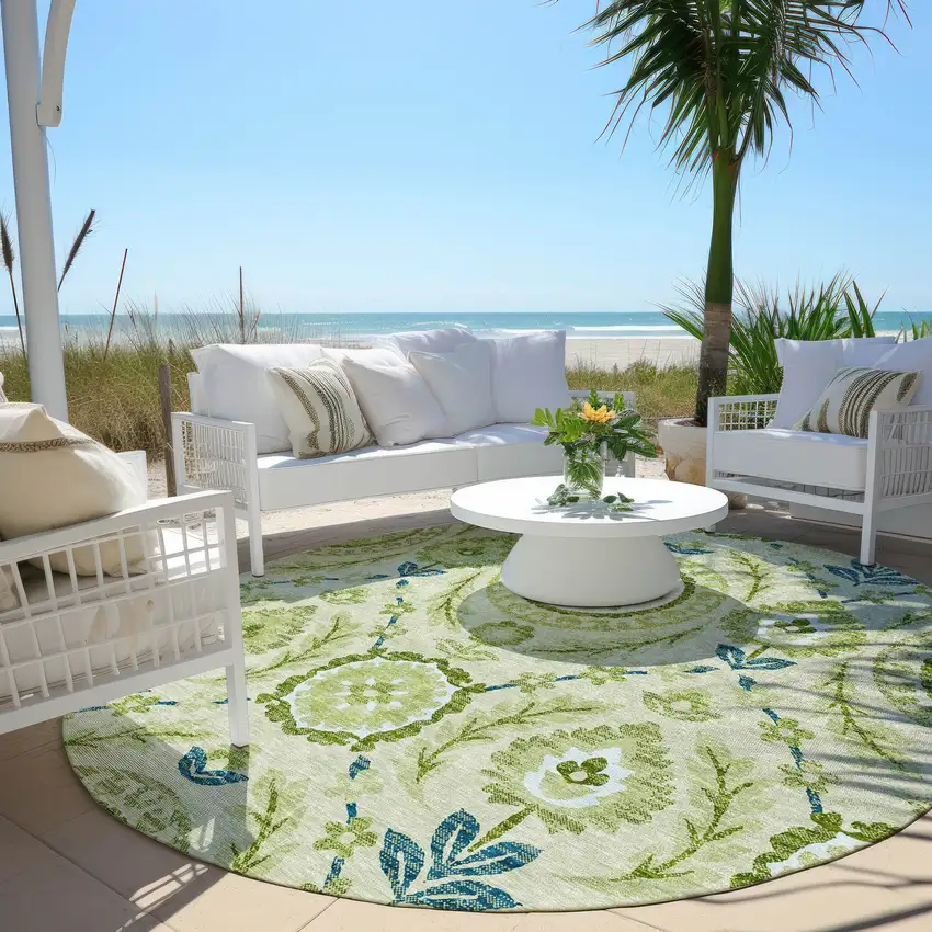 8' Artichoke Green Olive Green And Blue Round Floral Washable Indoor Outdoor Area Rug Photo 6