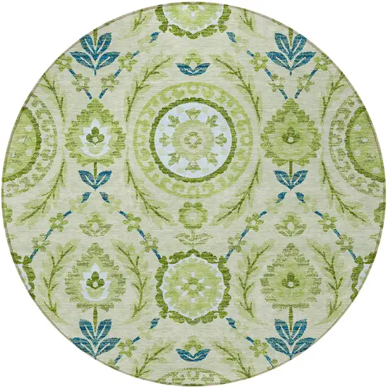 8' Artichoke Green Olive Green And Blue Round Floral Washable Indoor Outdoor Area Rug Photo 5
