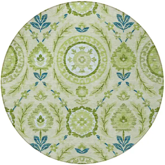 8' Artichoke Green Olive Green And Blue Round Floral Washable Indoor Outdoor Area Rug Photo 5