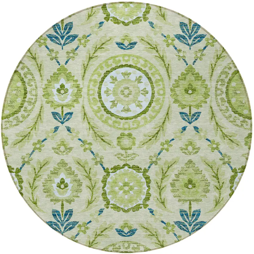 8' Artichoke Green Olive Green And Blue Round Floral Washable Indoor Outdoor Area Rug Photo 5