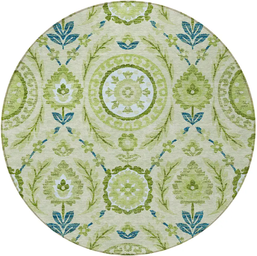 8' Artichoke Green Olive Green And Blue Round Floral Washable Indoor Outdoor Area Rug Photo 5