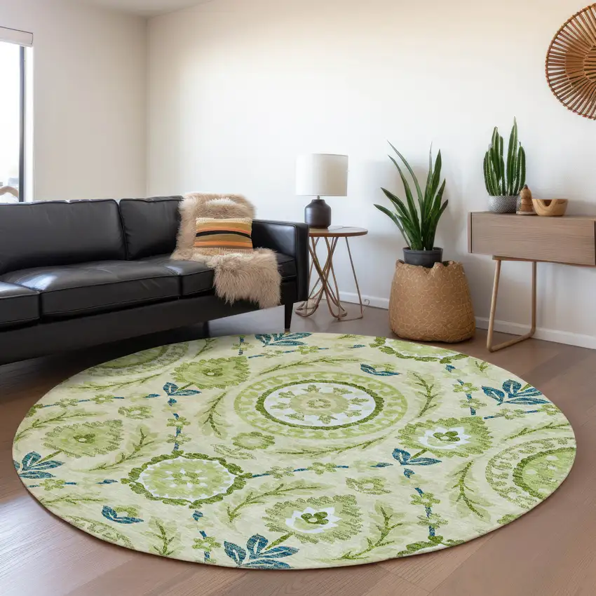 8' Artichoke Green Olive Green And Blue Round Floral Washable Indoor Outdoor Area Rug Photo 7