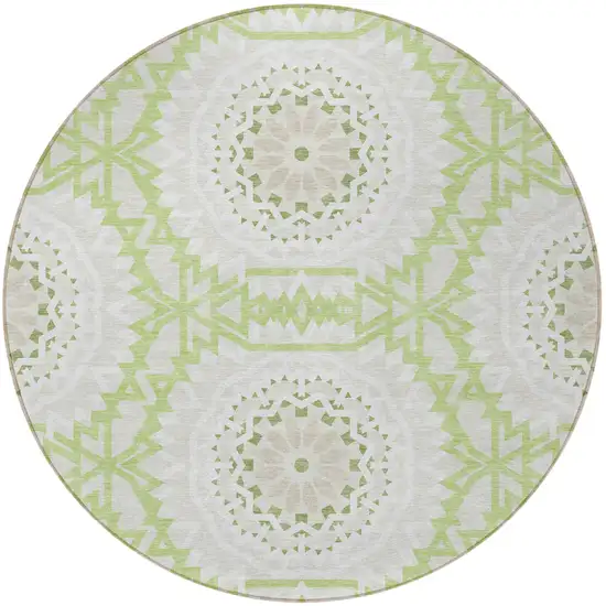 8' Artichoke Green Olive Green And Tan Round Floral Medallion Washable Indoor Outdoor Area Rug Photo 6