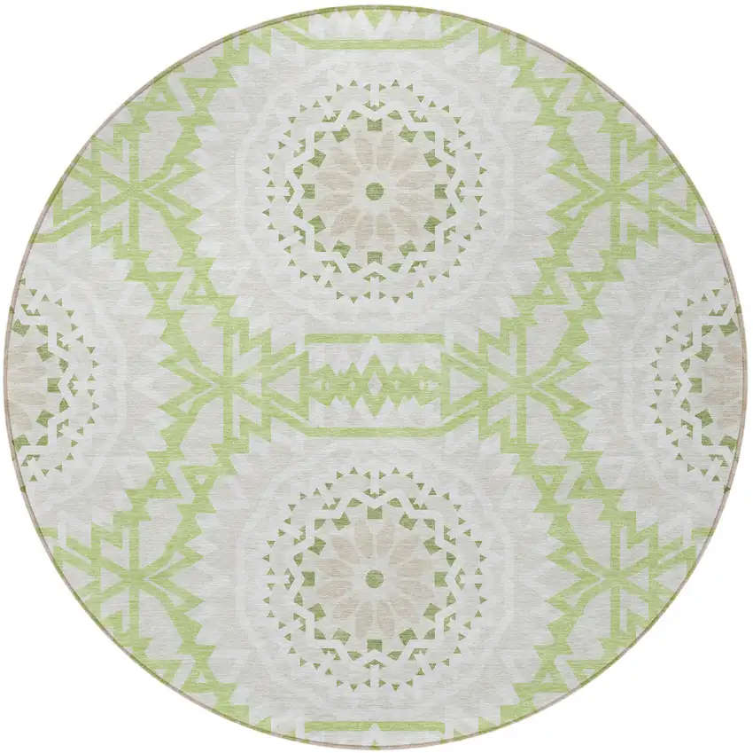 8' Artichoke Green Olive Green And Tan Round Floral Medallion Washable Indoor Outdoor Area Rug Photo 6