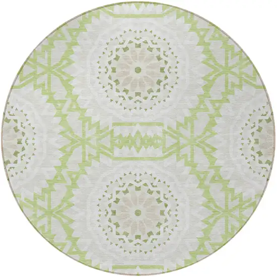 8' Artichoke Green Olive Green And Tan Round Floral Medallion Washable Indoor Outdoor Area Rug Photo 6