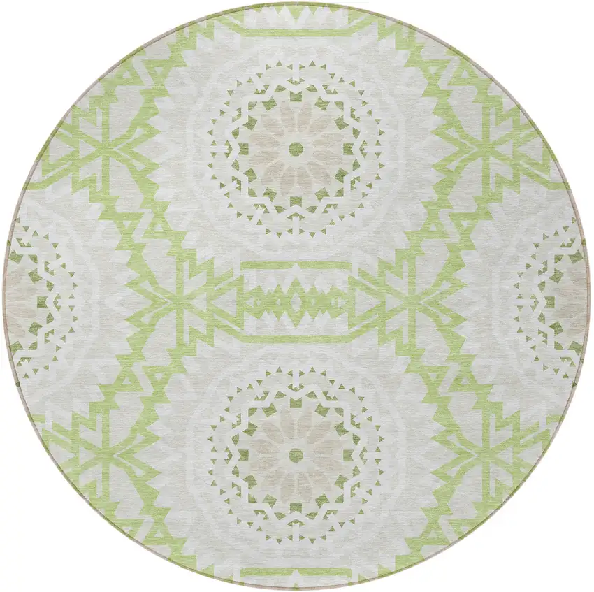 8' Artichoke Green Olive Green And Tan Round Floral Medallion Washable Indoor Outdoor Area Rug Photo 6