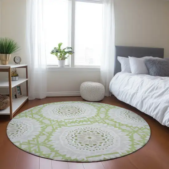 8' Artichoke Green Olive Green And Tan Round Floral Medallion Washable Indoor Outdoor Area Rug Photo 8