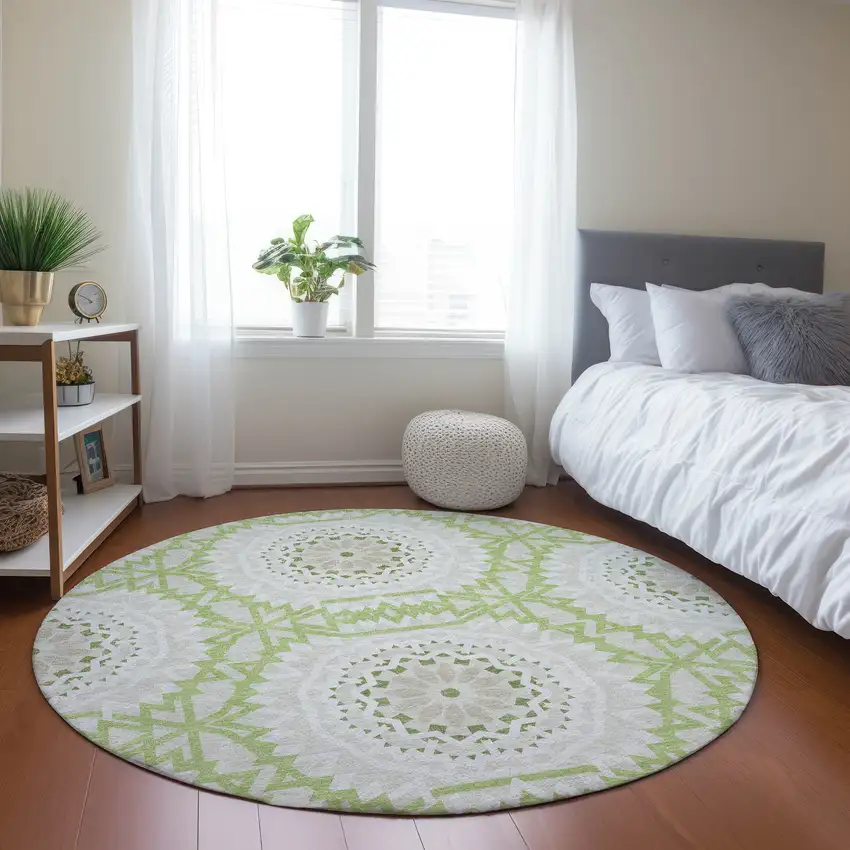 8' Artichoke Green Olive Green And Tan Round Floral Medallion Washable Indoor Outdoor Area Rug Photo 8