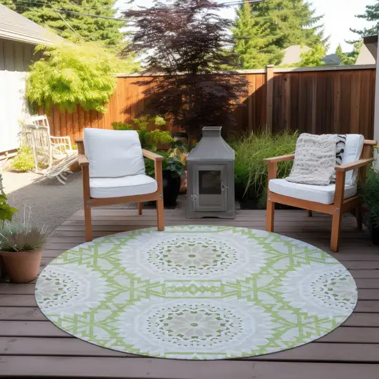 8' Artichoke Green Olive Green And Tan Round Floral Medallion Washable Indoor Outdoor Area Rug Photo 7