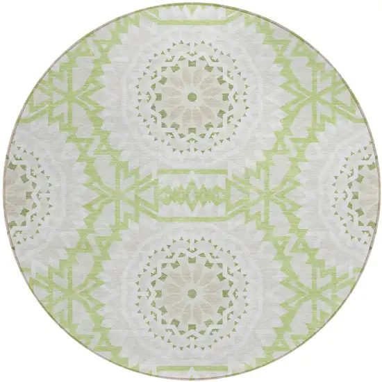 8' Artichoke Green Olive Green And Tan Round Floral Medallion Washable Indoor Outdoor Area Rug Photo 2