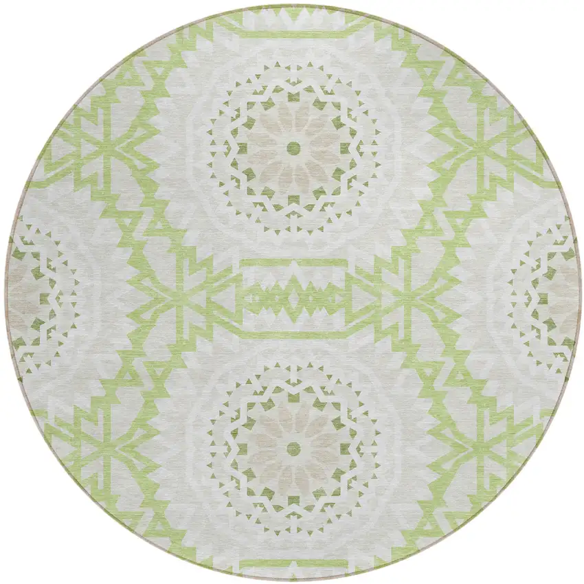8' Artichoke Green Olive Green And Tan Round Floral Medallion Washable Indoor Outdoor Area Rug Photo 2