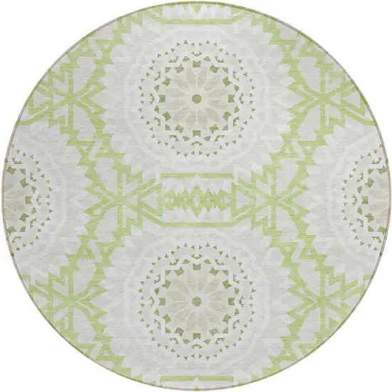 8' Artichoke Green Olive Green And Tan Round Floral Medallion Washable Indoor Outdoor Area Rug Photo 2