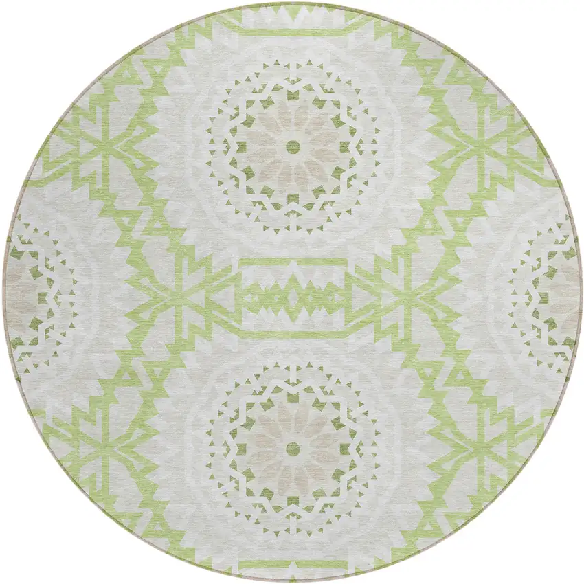 8' Artichoke Green Olive Green And Tan Round Floral Medallion Washable Indoor Outdoor Area Rug Photo 2