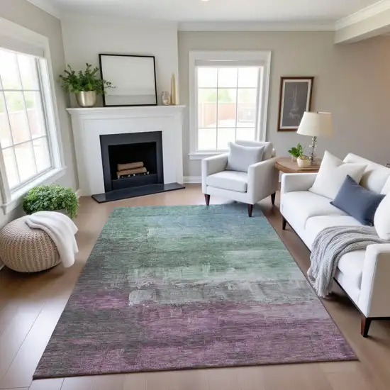 8' Artichoke Green Pale Aqua And Blush Abstract Washable Area Rug With UV Protection Photo 4