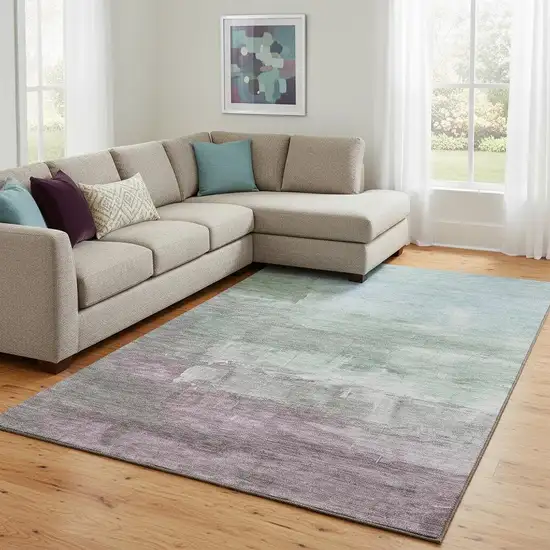 8' Artichoke Green Pale Aqua And Blush Abstract Washable Area Rug With UV Protection Photo 2