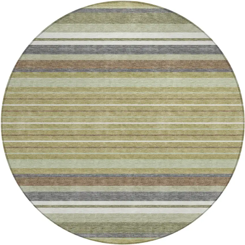 8' Artichoke Green Pewter And Ivory Round Striped Washable Indoor Outdoor Area Rug Photo 2