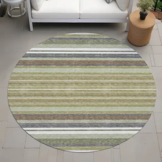 8' Artichoke Green Pewter And Ivory Round Striped Washable Indoor Outdoor Area Rug Photo 8