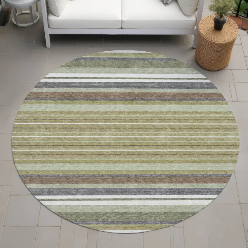 8' Artichoke Green Pewter And Ivory Round Striped Washable Indoor Outdoor Area Rug Photo 8