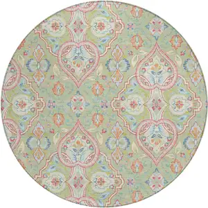 Photo of 8' Artichoke Green Pink And Ivory Round Ogee Washable Indoor Outdoor Area Rug