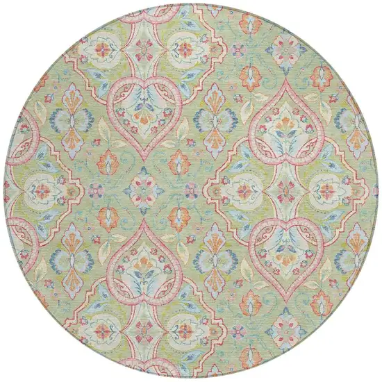 8' Artichoke Green Pink And Ivory Round Ogee Washable Indoor Outdoor Area Rug Photo 3