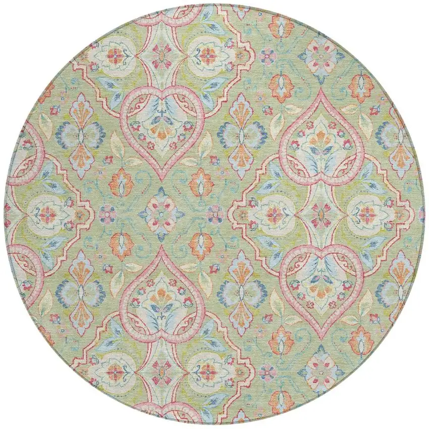 8' Artichoke Green Pink And Ivory Round Ogee Washable Indoor Outdoor Area Rug Photo 3