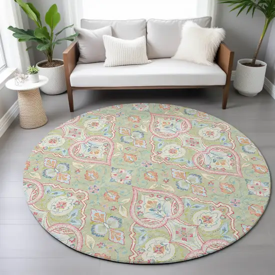 8' Artichoke Green Pink And Ivory Round Ogee Washable Indoor Outdoor Area Rug Photo 8