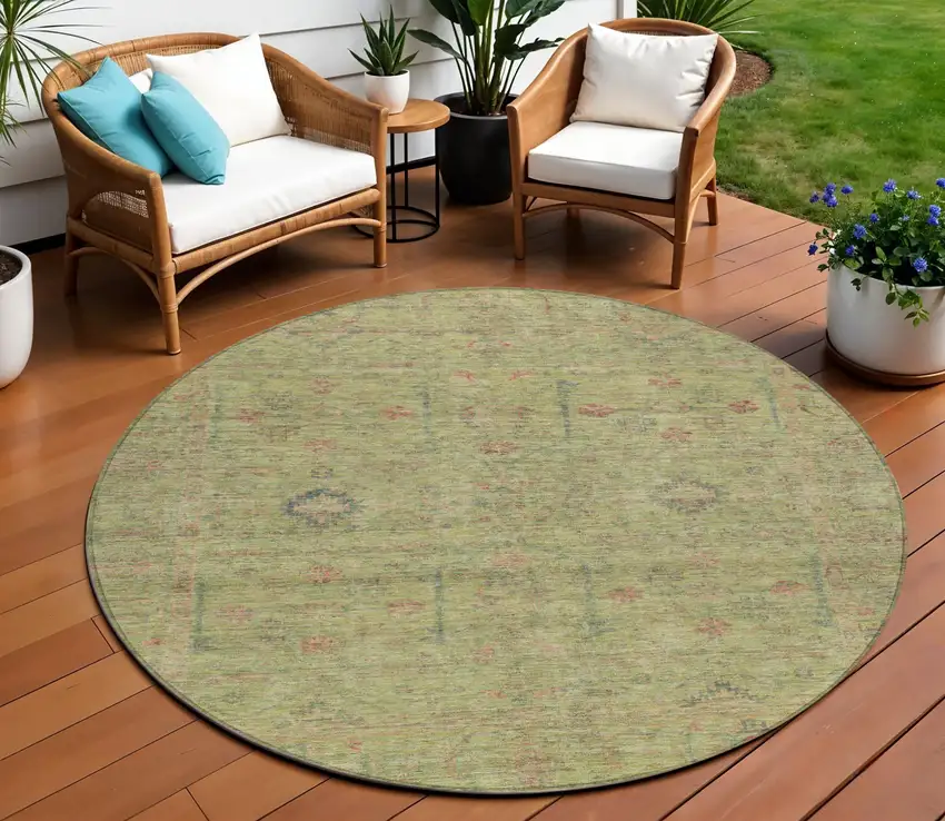 8' Artichoke Green Pink And Tan Round Floral Washable Indoor Outdoor Area Rug Photo 1