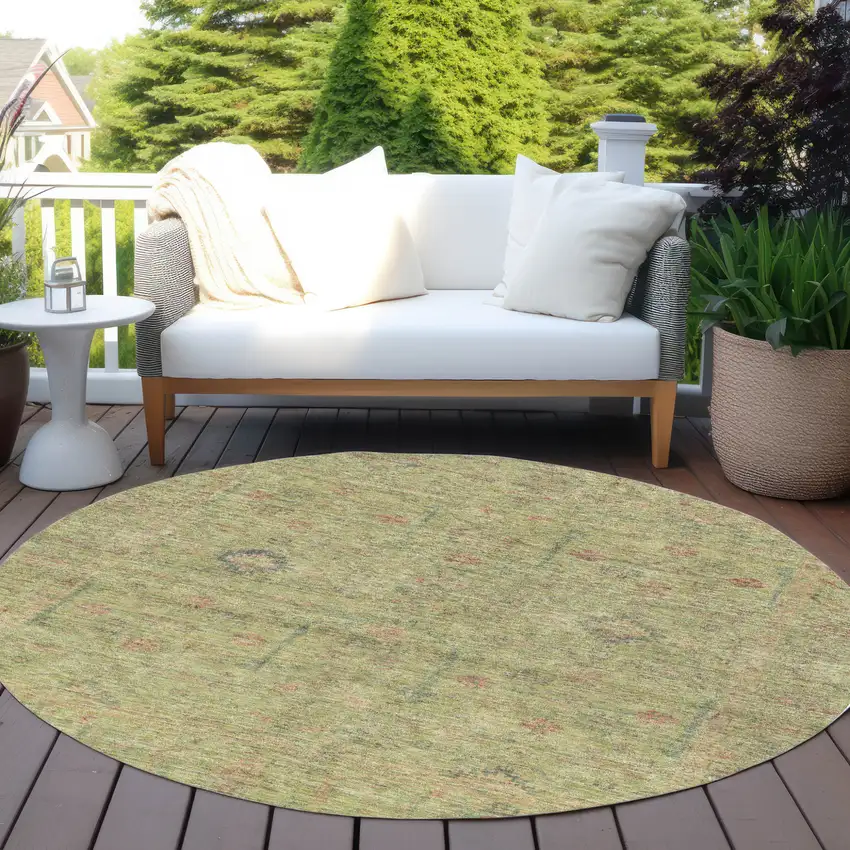 8' Artichoke Green Pink And Tan Round Floral Washable Indoor Outdoor Area Rug Photo 7