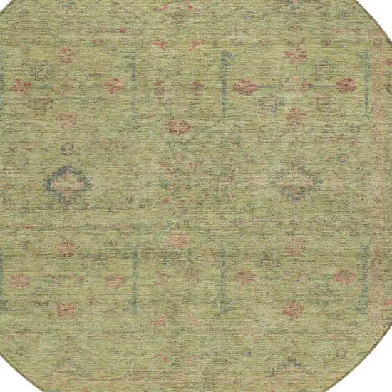 8' Artichoke Green Pink And Tan Round Floral Washable Indoor Outdoor Area Rug Photo 5