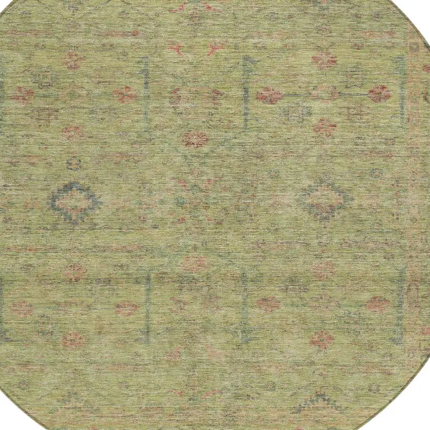 8' Artichoke Green Pink And Tan Round Floral Washable Indoor Outdoor Area Rug Photo 5