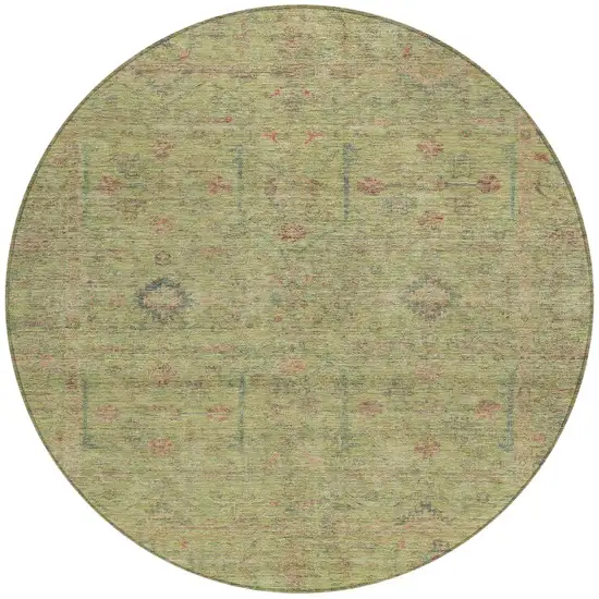 8' Artichoke Green Pink And Tan Round Floral Washable Indoor Outdoor Area Rug Photo 6