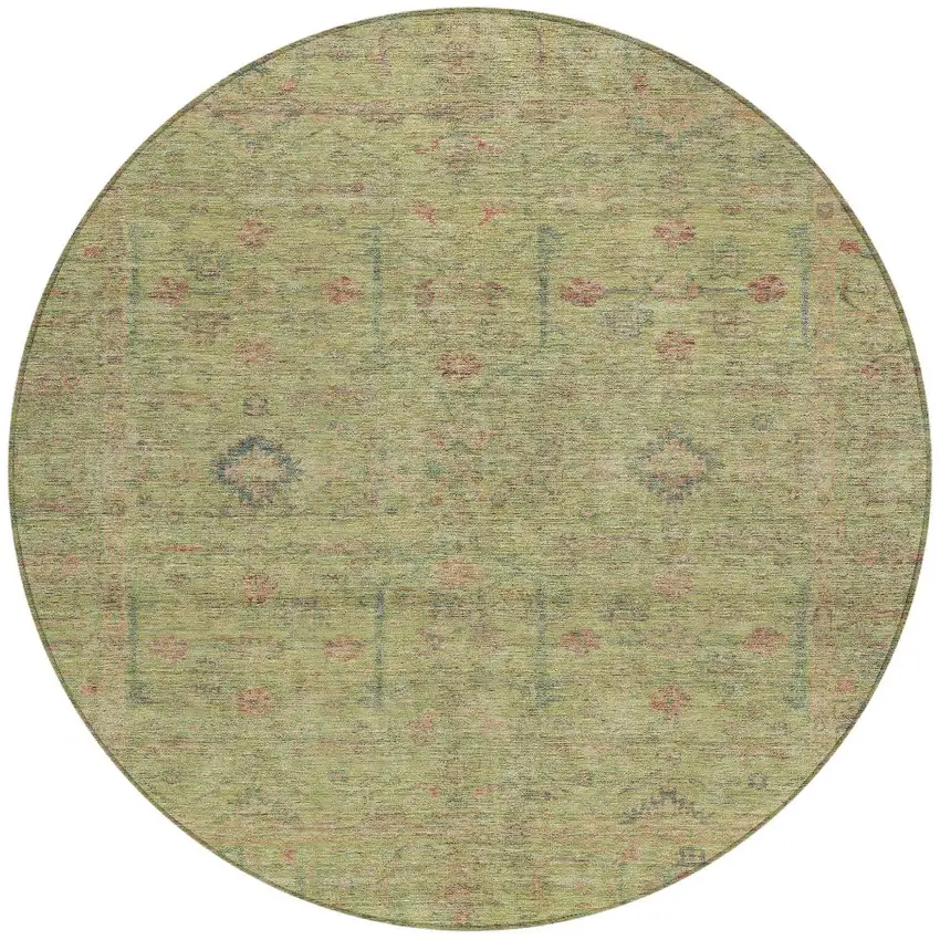 8' Artichoke Green Pink And Tan Round Floral Washable Indoor Outdoor Area Rug Photo 6