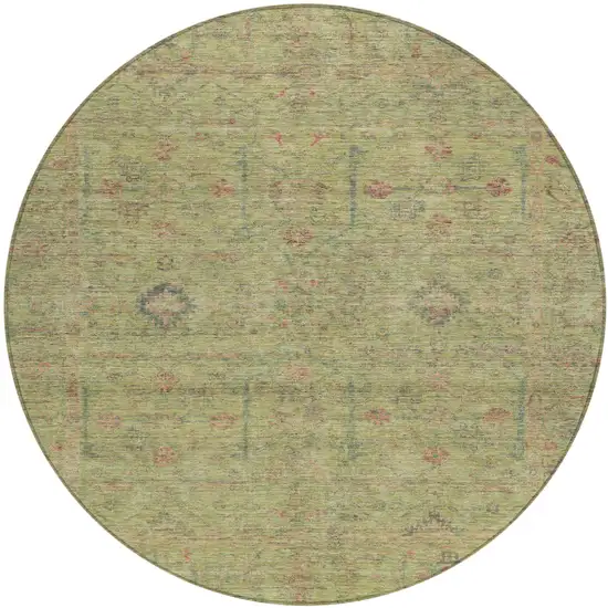 8' Artichoke Green Pink And Tan Round Floral Washable Indoor Outdoor Area Rug Photo 2